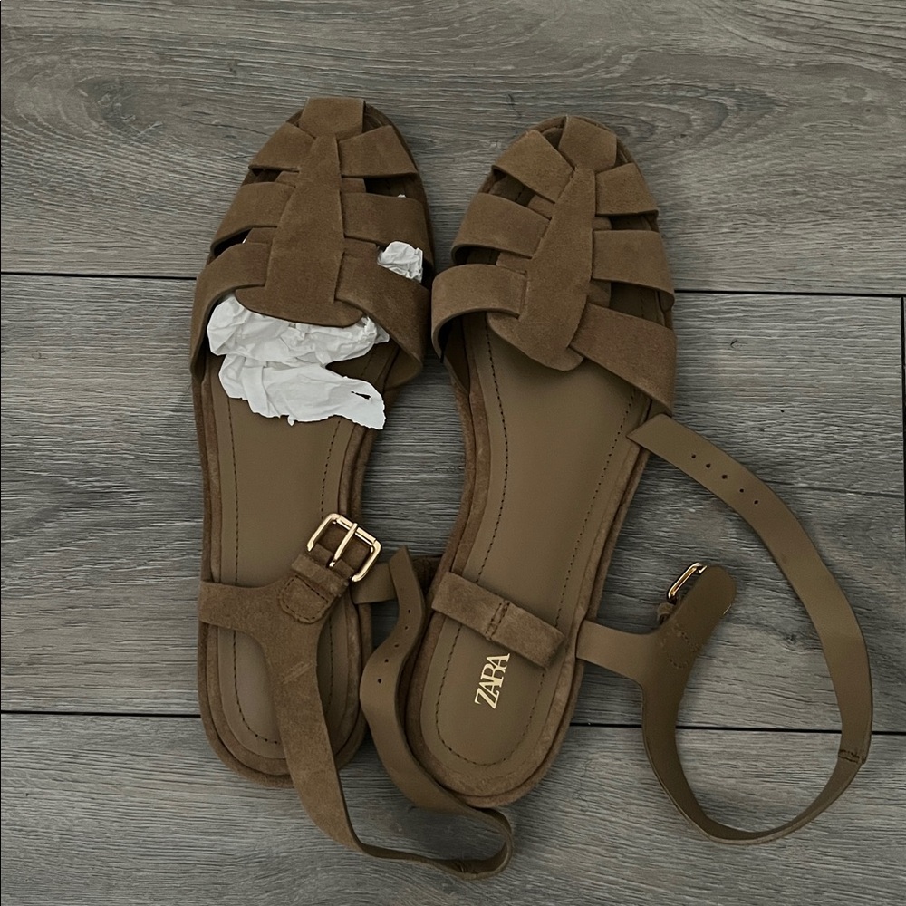 Zara Olive Tan Suede Fisherman Sandals - Picture 4 of 9